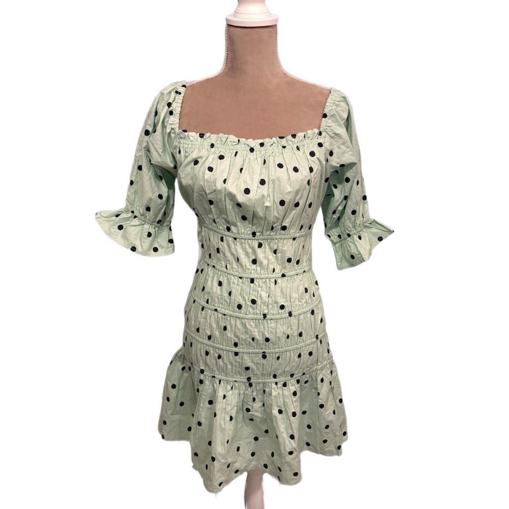 Influence Cotton Poplin Polka Dot Mini Tea Party Dress Shirring Mint Green Sz 8 - Picture 7 of 14
